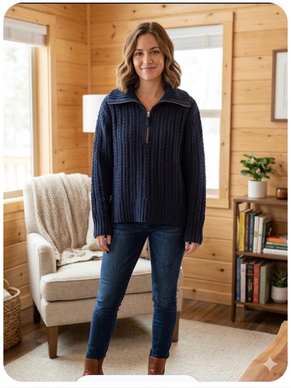 aerie Navy Half-Zip Cable Knit Turtleneck Sweater